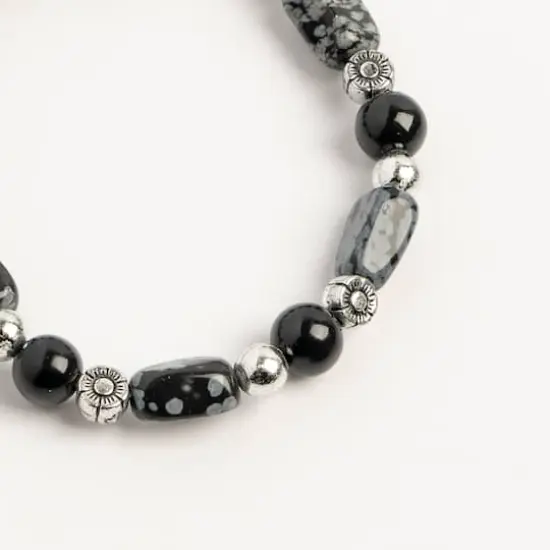John Bead Snow Flake Gray & Obsidian Natural Stone Bracelet {3}