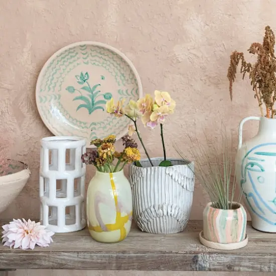 Hello Honey&reg; 9.25" Cream Pleated Handmade Stoneware Vase {4}