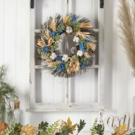 22" Cotton, Eucalyptus, Berries & Pinecones Artificial Fall Wreath {4}