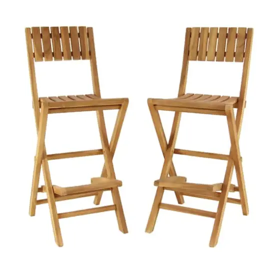 Set of 2 Brown Teak Wood Traditional Outdoor Bar Stool, 18" x 45" {1}