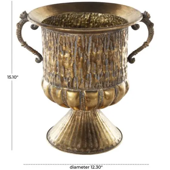 15" Gold Metal Urn Shaped Vase with Hammered Details {8}