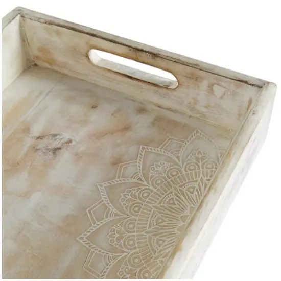 Whitewashed Carved Mandala Mango Wood Tray Set {4}