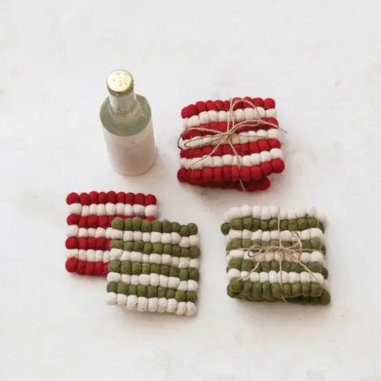 Hello Honey&reg; 4" Cream & Red Handmade Wool Felt Ball Coasters, 4ct. {4}