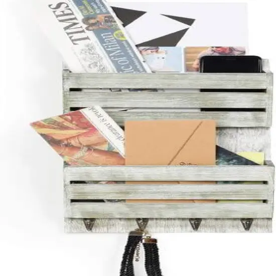 NEX™ 16" Olive Green Wood Wall-Mounted Mail & Key Holder Organizer with 4 Key Hooks {7}