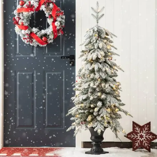 2 Pack 5ft. Pre-Lit Flocked Fir Artificial Christmas Porch Tree in Planter, Warm White Lights {4}