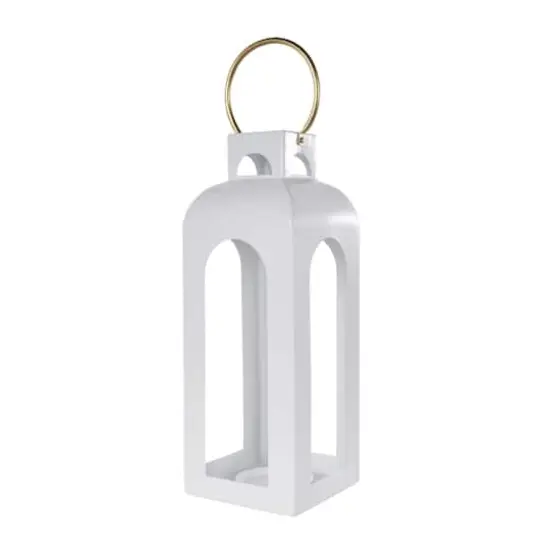 22.5" White Metal Tall Arched Cutout Candle Lantern with Gold Handle {4}