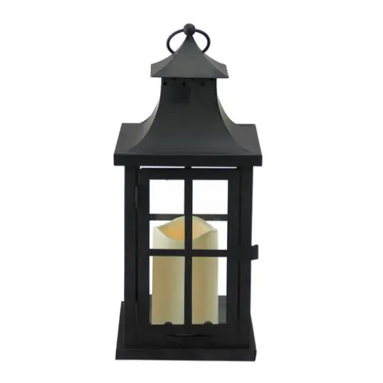 14" Asian Iron Lantern with LED Pillar Candle, Black {1}