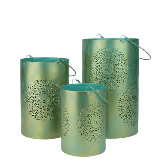 Decorative Floral Cut-Out Pillar Candle Lantern Set Turquoise {1}