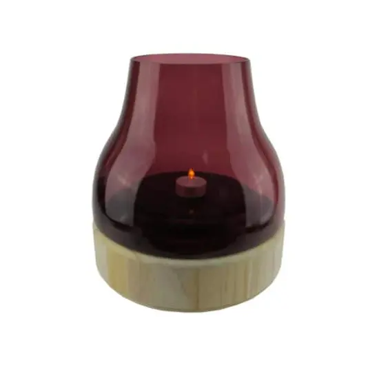 9.75" Merlot Glass Pillar Candle Holder with Wooden Base {1}