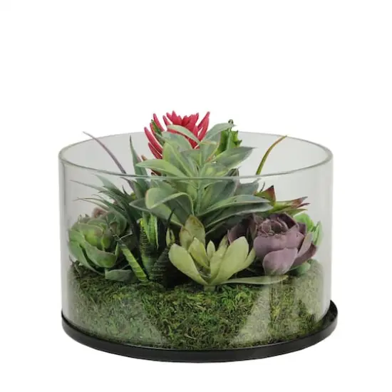 8" Artificial Mixed Succulent Arrangement in Round Glass Jar {1}