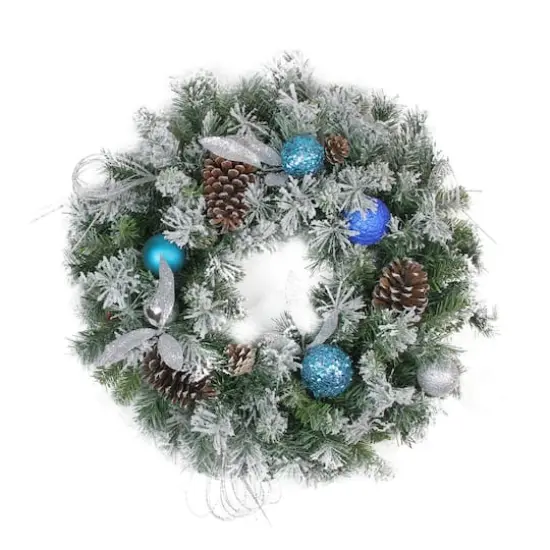 24" Teal & Silver Ball Flocked with Pinecones Artificial Wreath {1}