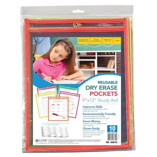 C-Line&reg; Assorted Neon Colors Reusable Dry Erase Pockets, Pack of 10 {3}