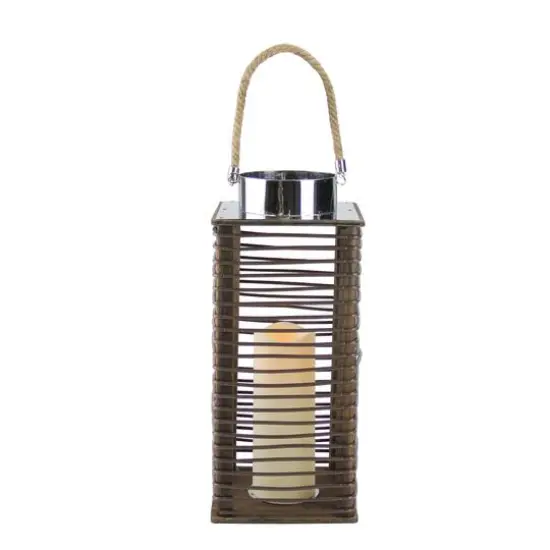 15.5" Wooden Corded Lantern with LED Pillar Candle {1}