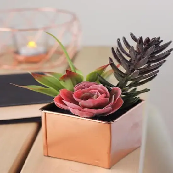 7" Pink & Purple Artificial Succulent Arrangement in Square Tin Pot {4}