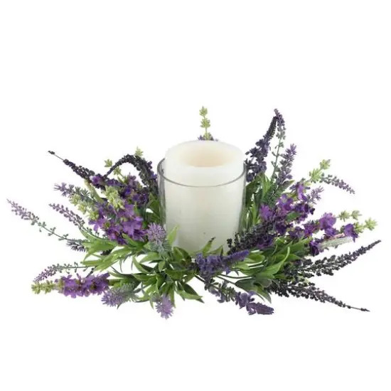 15" Purple Artificial Lavender Hurricane Glass Candle Holder {3}