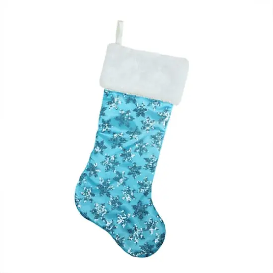 20.5" Sequin Snowflake Stocking with White Faux Fur Cuff, Blue {1}