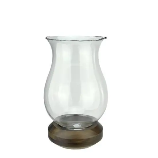 17" Wavy Edged Glass and Wood Hurricane Pillar Candle Holder {1}