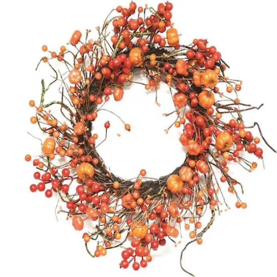 20" Autumn Harvest Decorative Artificial Fall Orange Berry and Mini Pumpkin Wreath {1}