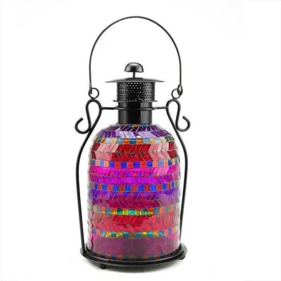 13" Multicolor Mosaic Glass Tea Light Holder Lantern {1}