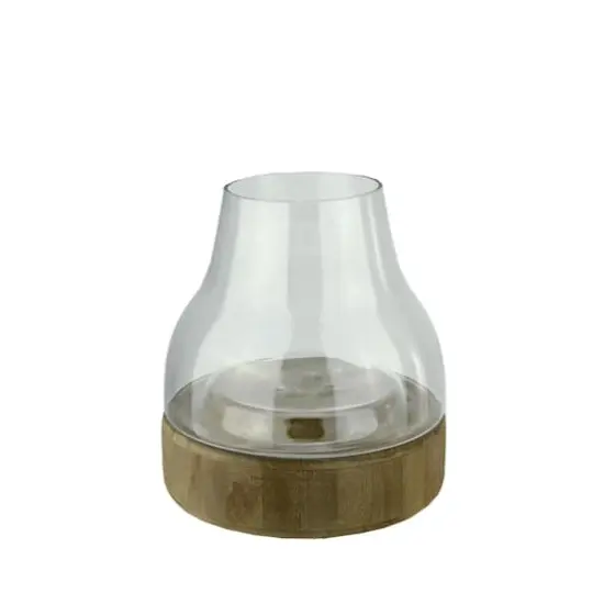 Transparent Glass Pillar Candle Holder with Wooden Base {1}