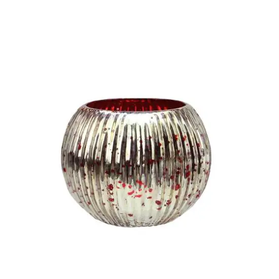 3.25" Red & Silver Ribbed Round Mercury Glass Votive Candle Holders, Set Of 4 {1}