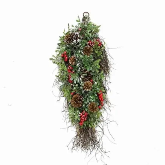28" Unlit Glittered Boxwood, Pine Cones & Red Berry Teardrop Swag {1}