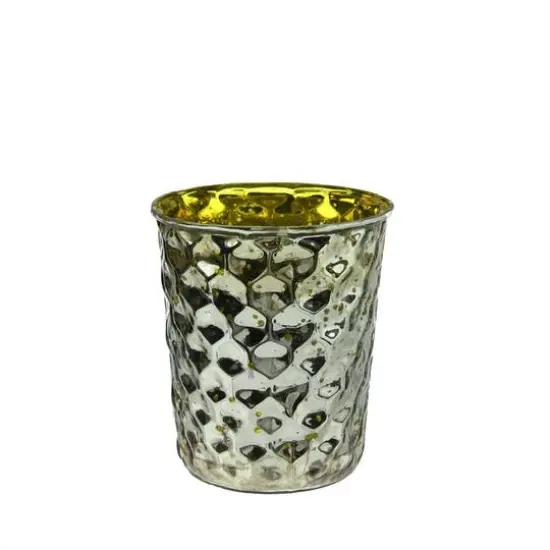 4" Yellow & Silver Hammered Mercury Glass Votive Candle Holders, Set Of 4 {1}
