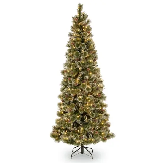 6.5ft. Pre-Lit Glittery Bristle Pine Slim Artificial Christmas Tree, Warm White Diamond Cap LED Lights {1}