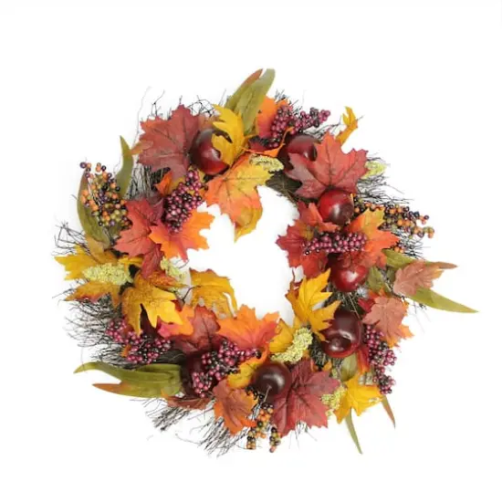 22" Autumn Harvest Apple, Berry and Leaf Artificial Thanksgiving Floral Wreath {1}