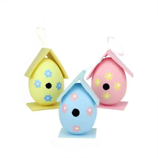 Set of 3 Multicolor Painted Easter Egg Birdhouse Ornaments {1}