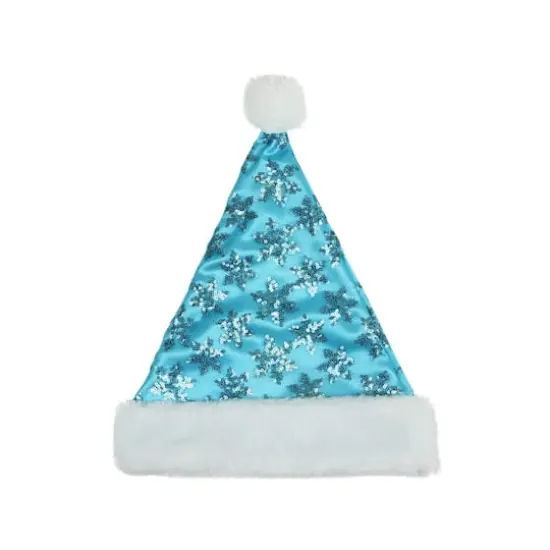 14" Adult Medium Sequin Snowflake Santa Hat, Blue {3}