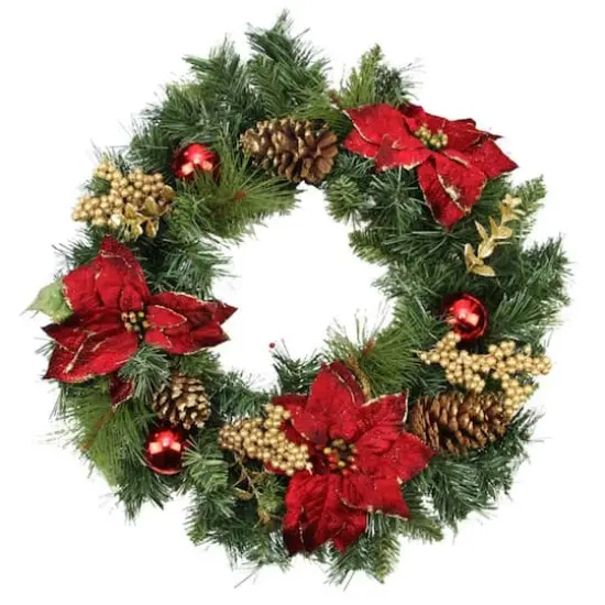 24" Red Poinsettias Gold Pinecones & Berries Artificial Wreath {1}