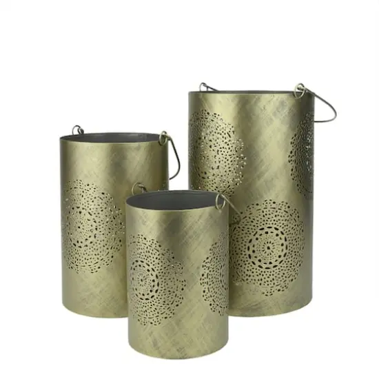Decorative Floral Cut-Out Pillar Candle Lantern Set Gray {1}