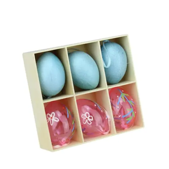 Set of 6 Blue Glitter and Transparent Pink Spring Easter Egg Ornaments {1}