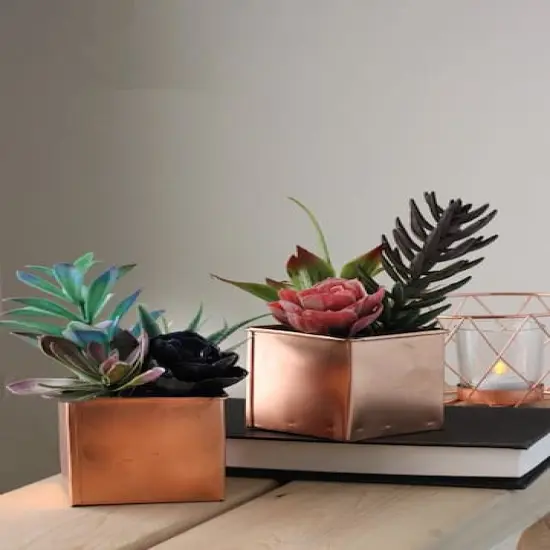 7" Pink & Purple Artificial Succulent Arrangement in Square Tin Pot {5}