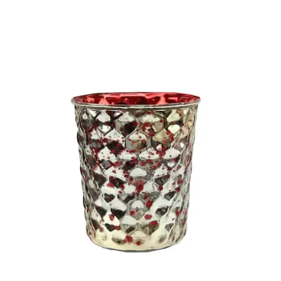 4" Red & Silver Hammered Mercury Glass Votive Candle Holder, Set of 4 {1}