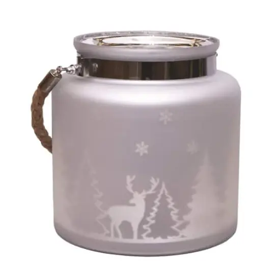 8" Matte Silver Winter Scene Christmas Pillar Candle Lantern {1}