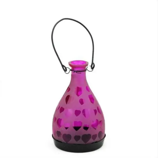 Frosted Hearts Glass Bottle Tea Light Candle Lantern Pink {1}