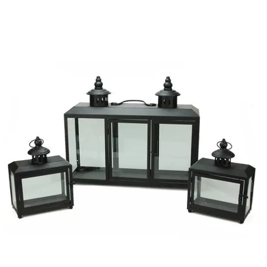 Black Wide Colonial Design Glass Pillar Candle Lanterns Set {1}