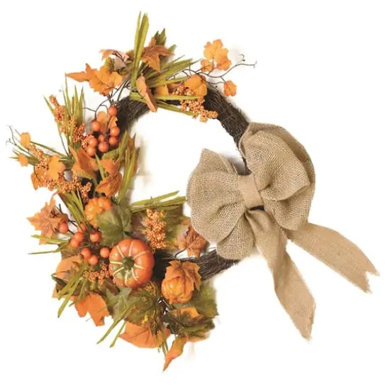 20" Autumn Harvest Decorative Artificial Pumpkins, Berries and Leaves Wreath with Burlap Bow {3}