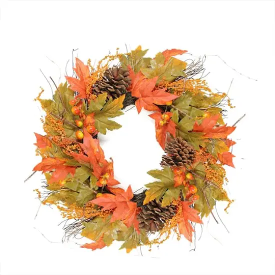 24" Autumn Harvest Decorative Artificial Berries, Leaves, Pine Cones and Twigs Wreath {1}