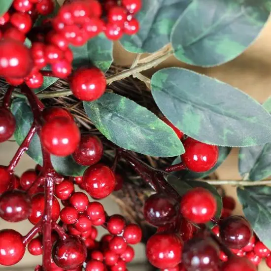 18" Red Berries & Two-Tone Green Leaves Artificial Wreath, Unlit {4}