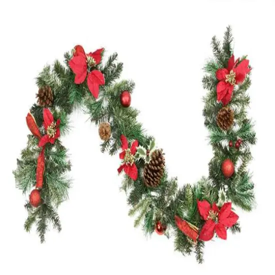 Pre-Decorated Red Poinsettia Pine Cone & Ball Artificial Garland, Unlit {1}