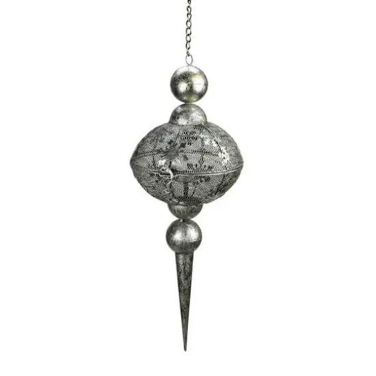 23" Silver Antique Metal Snowflake & Mesh Finial Hanging Tealight Lantern {1}