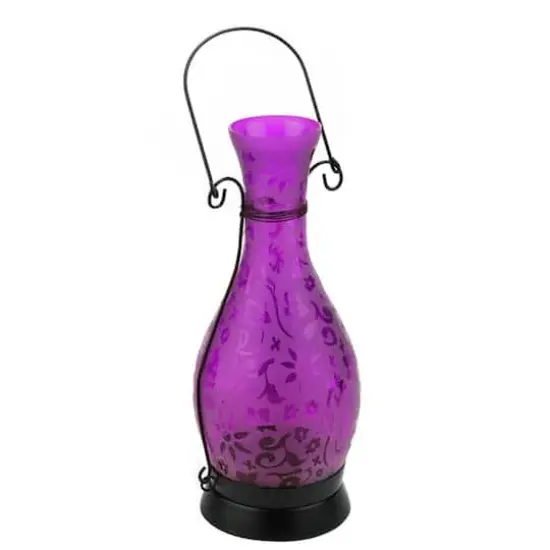 12.5" Glass Bottle Tea Light Candle Lantern with Flower Etching, Purple {1}
