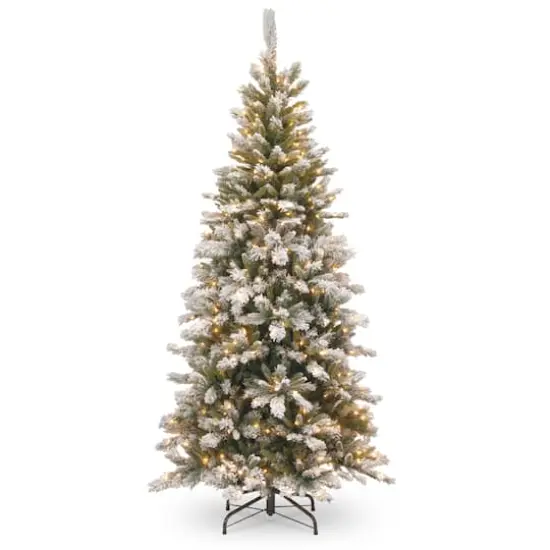 7.5 ft. Pre-Lit Snowy Mountain Pine Slim Hinged Artificial Christmas Tree, Clear Lights {1}