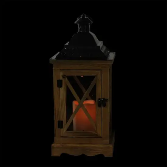 17.5" Rustic Wooden Lantern with Flameless Pillar Candle {4}