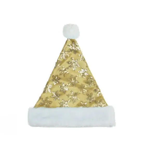 14" Adult Medium Sequin Snowflake Santa Hat, Gold {1}