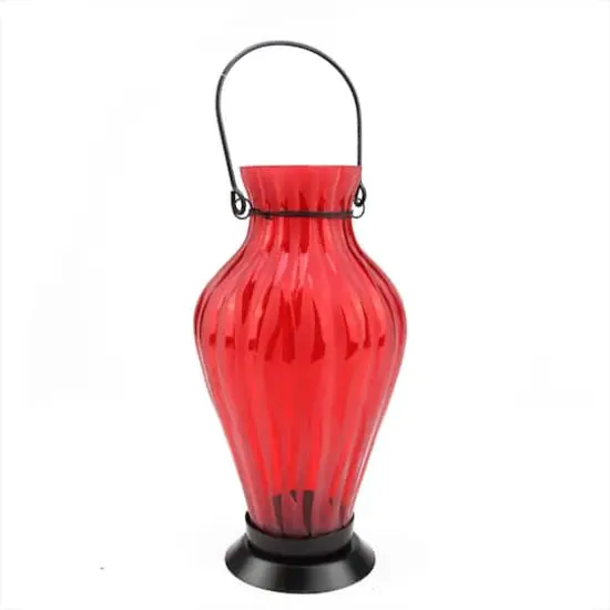 9.5" Frosted Red Ribbed Vase Glass Bottle Tea Light Candle Lantern {1}