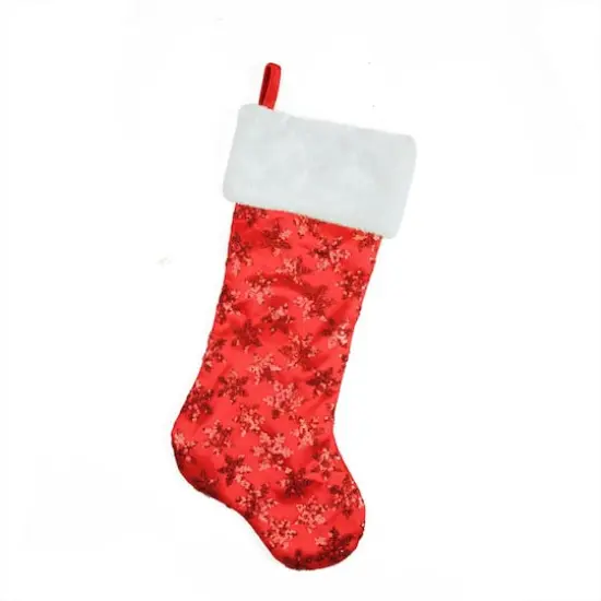 20.5" Sequin Snowflake Stocking with White Faux Fur Cuff, Red {1}